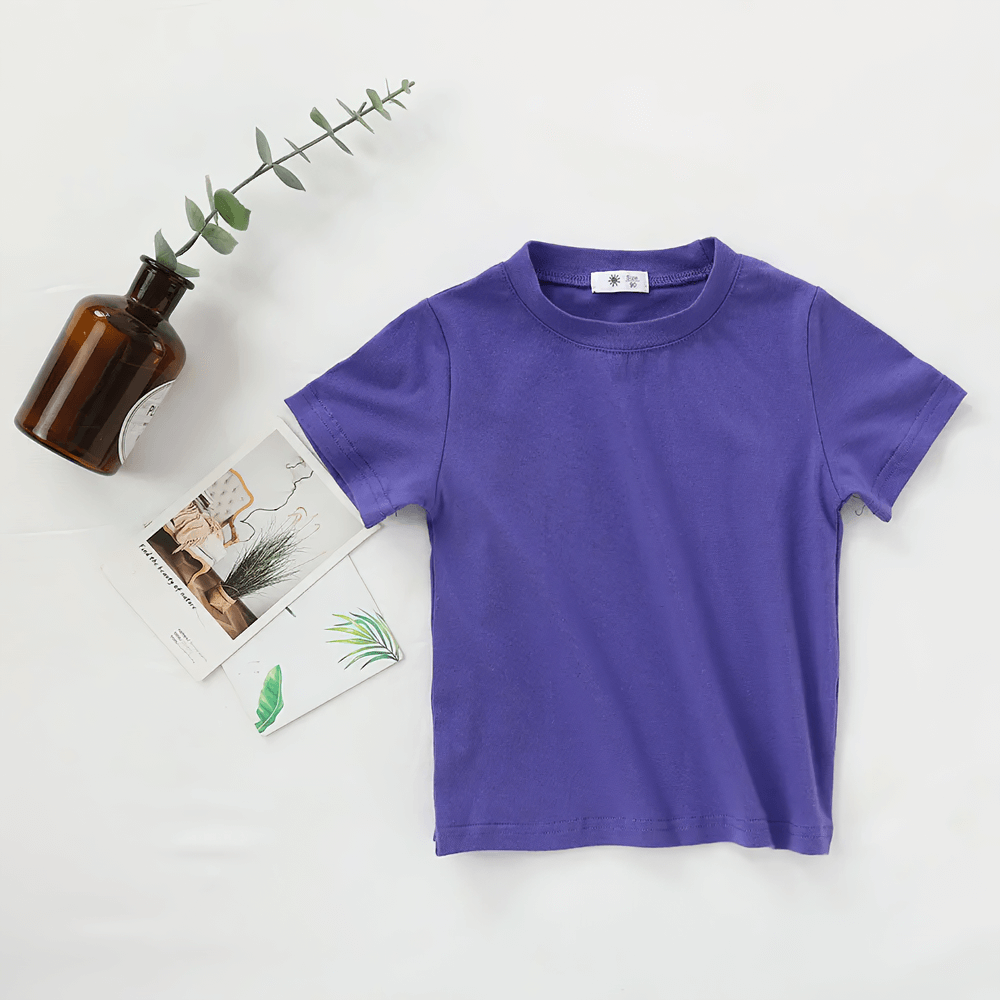 Lightweight Solid Color Short-Sleeve Cotton Tee - SF3851 for kids' casual summer wear in vibrant purple.