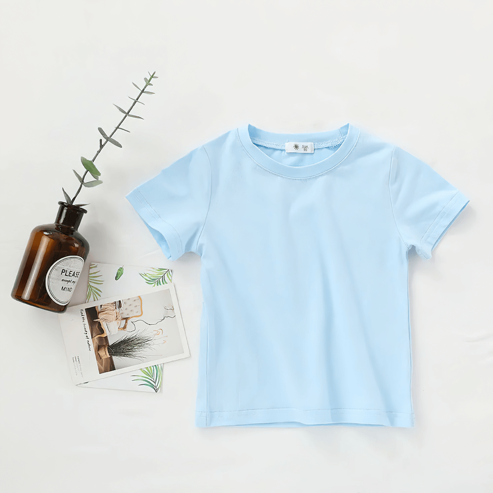 Lightweight Solid Color Short-Sleeve Cotton Tee - SF3851 in light blue for children's casual summer wear.