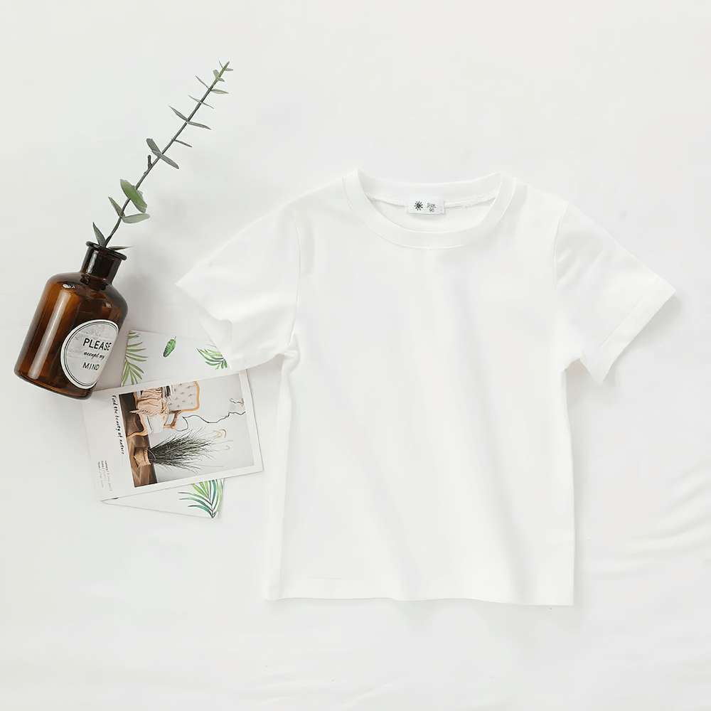 Lightweight Solid Color Short-Sleeve Cotton Tee - SF3851 for kids, perfect summer casual wear, white T-shirt laid out with decor.