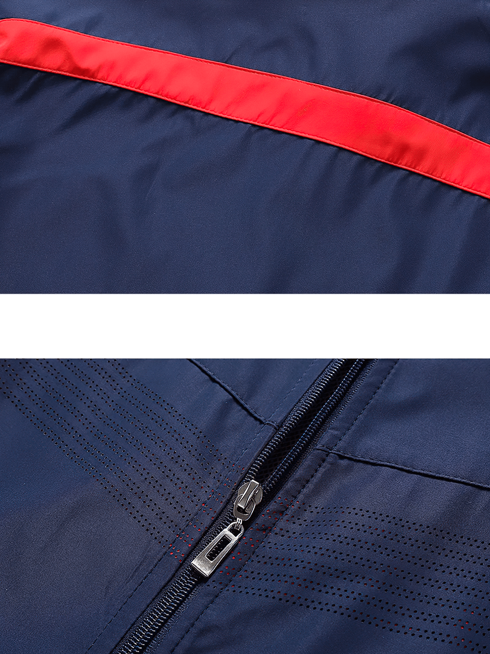 Close-up of navy lightweight sports tracksuit with red stripe and zipper detail - SF2282, breathable and perfect for active wear.