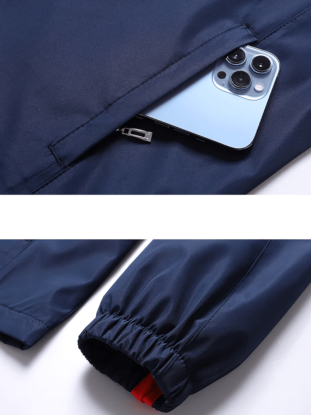 Close-up of navy sports tracksuit jacket pocket with phone and elastic cuff detail, showcasing functionality and style for active wear.