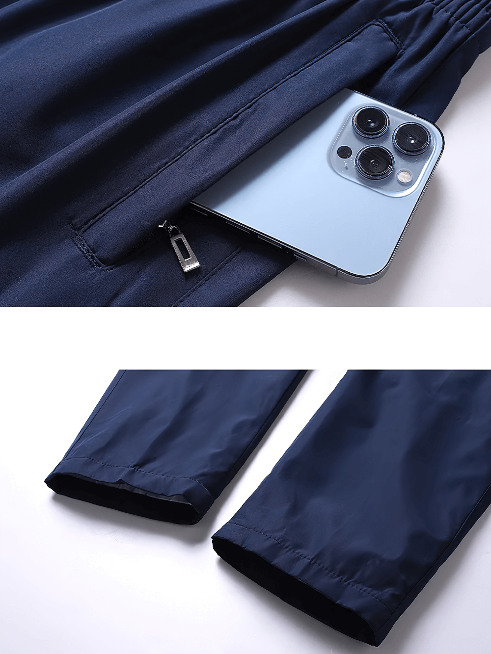 Back pocket and cuff details of men's lightweight sports tracksuit pants with phone.