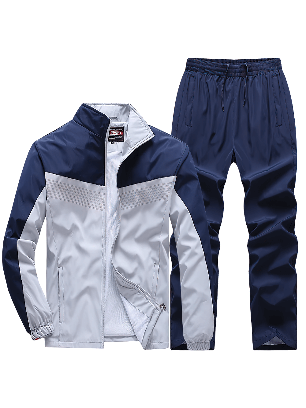 Men's lightweight sports tracksuit with blue and white zip-up jacket and elastic waist pants for versatile workouts.