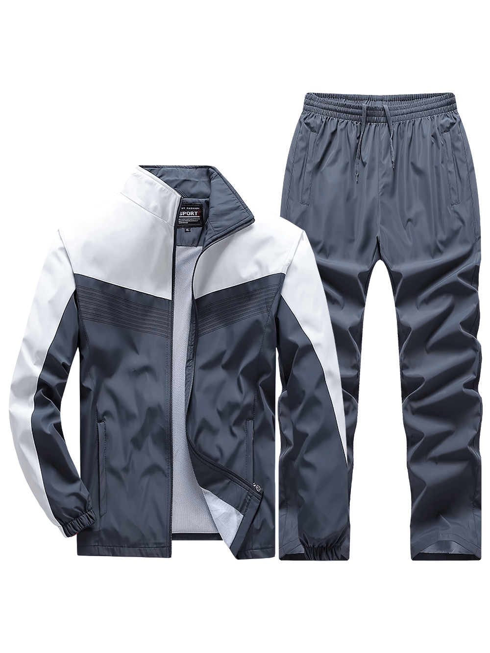 Lightweight breathable men's sports tracksuit with zip-up jacket and elastic pants in gray and white, perfect for exercise or casual wear.