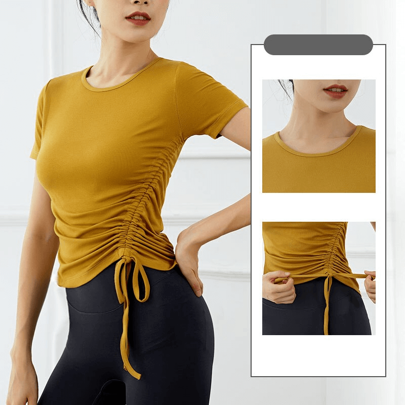 Yellow lightweight sporty elastic women's T-shirt with side tie, perfect for yoga and summer workouts, showcasing flattering stretchy fit.