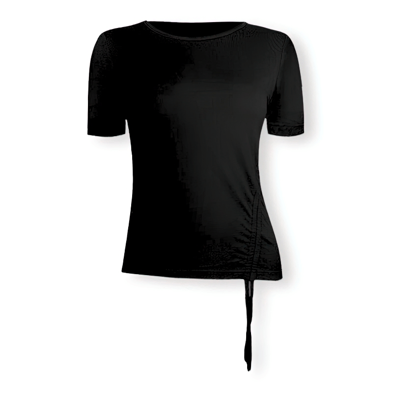 Lightweight sporty elastic women's T-shirt with side tie, ideal for yoga and summer workouts. Model SF1273, black color.