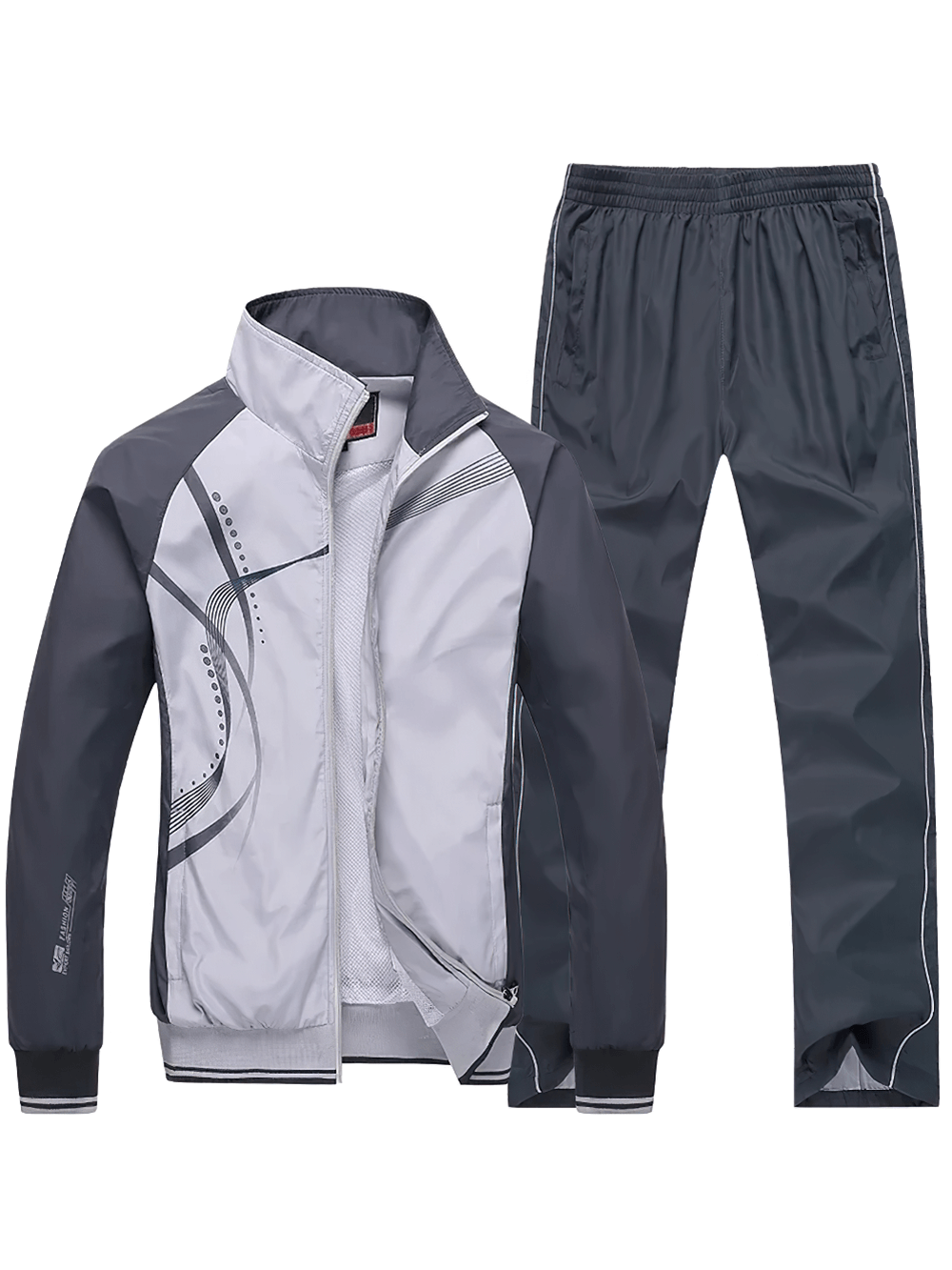 Sleek men's tracksuit with modern print, breathable mesh lining, and a zippered front jacket with adjustable drawstring pants.