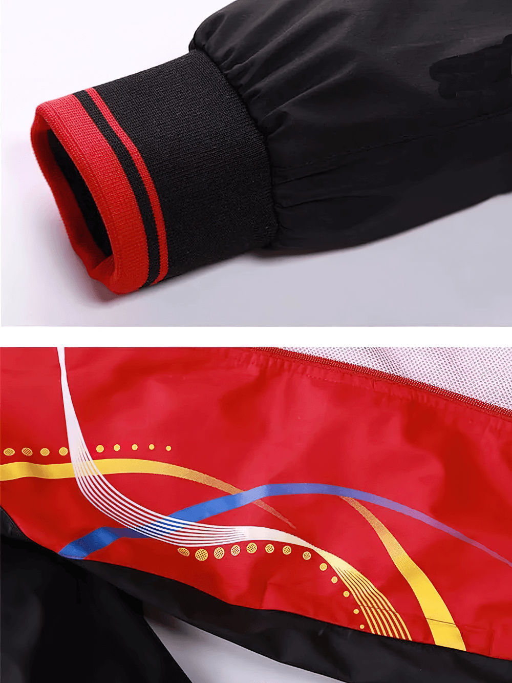 Close-up of lightweight tracksuit sleeve and modern print, with black and red colors and breathable lining. Model SF2281.