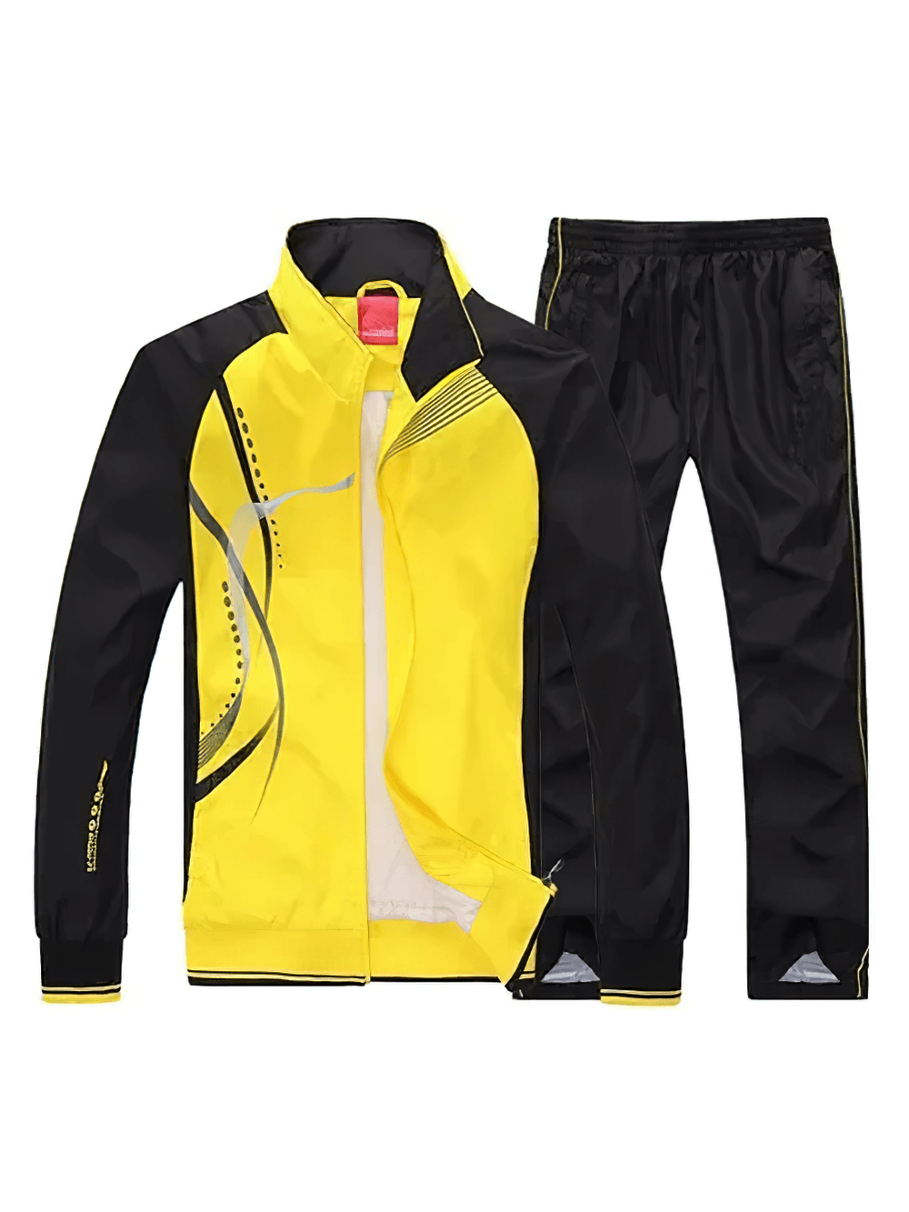 Yellow and black modern print tracksuit with breathable mesh lining and zippered front for active men, designed for comfort and style.