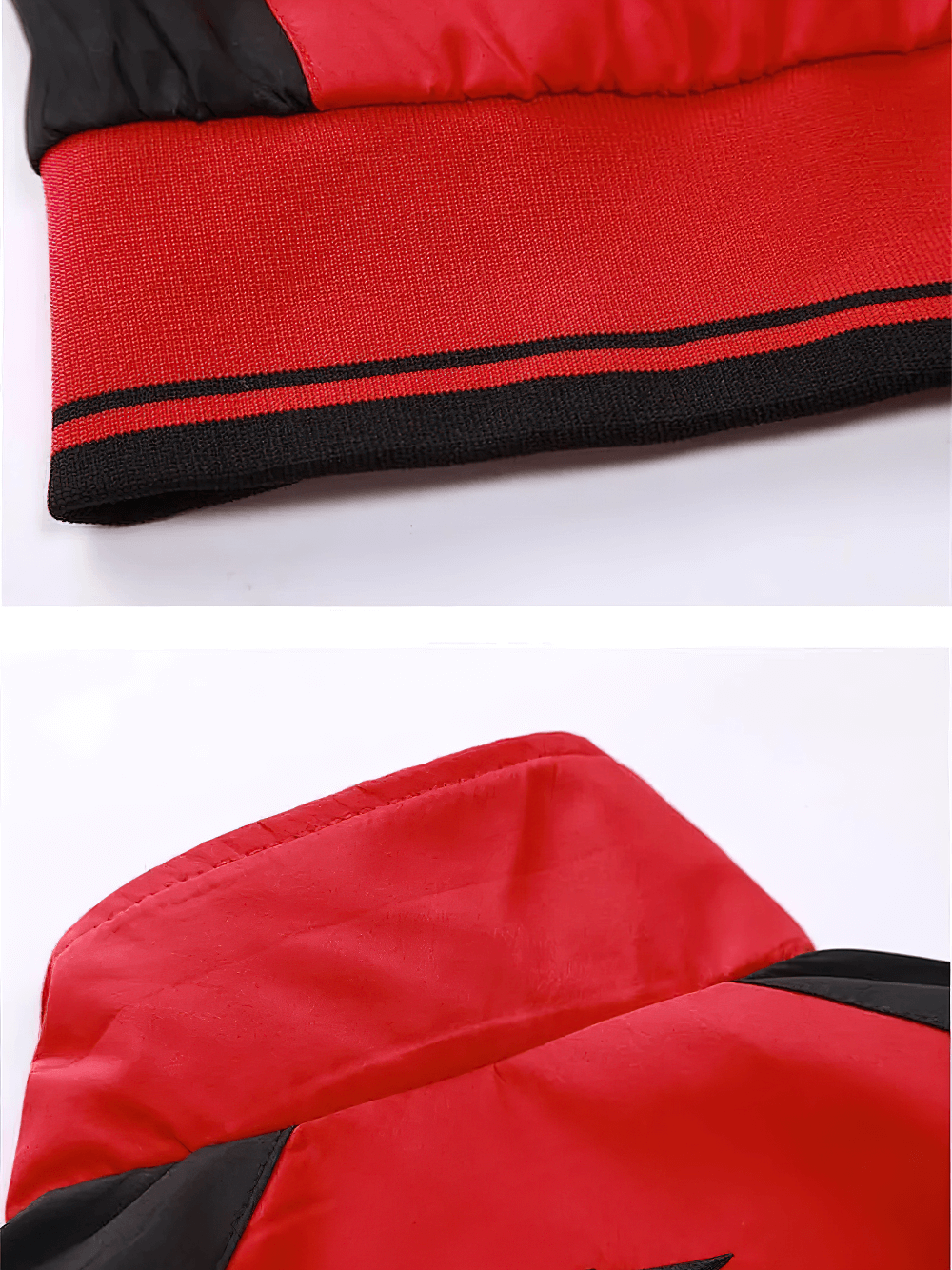 Close-up of the red and black modern print design on a lightweight men's tracksuit jacket, showcasing durable polyester and mandarin collar.