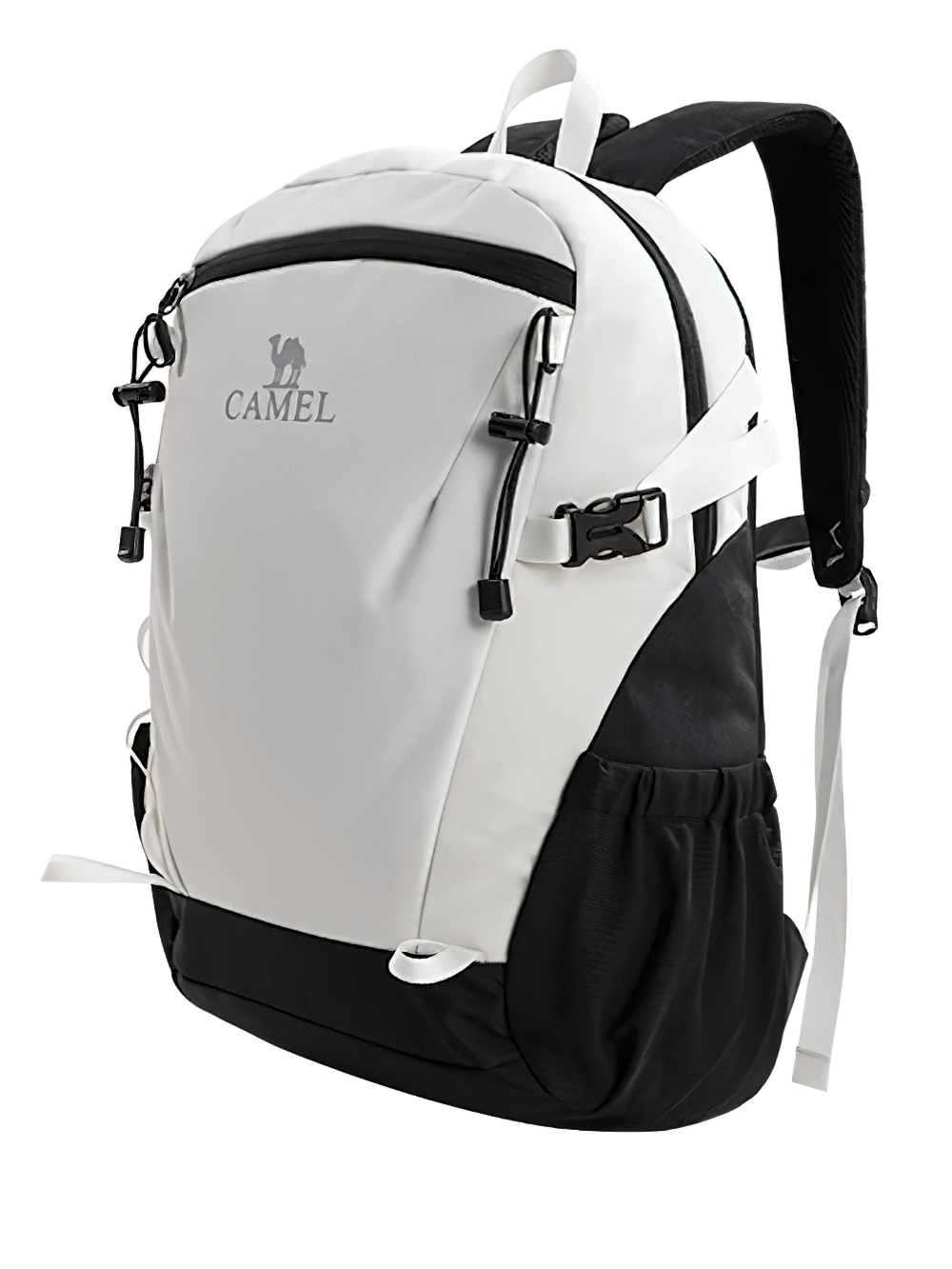 White and black lightweight waterproof hiking backpack with tactical features and nylon straps, ideal for outdoor adventures and travel.