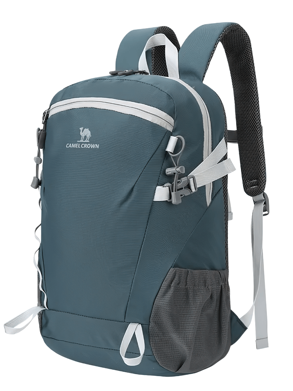 Lightweight waterproof nylon hiking backpack in blue ideal for camping and sports, with padded straps and tactical storage features.