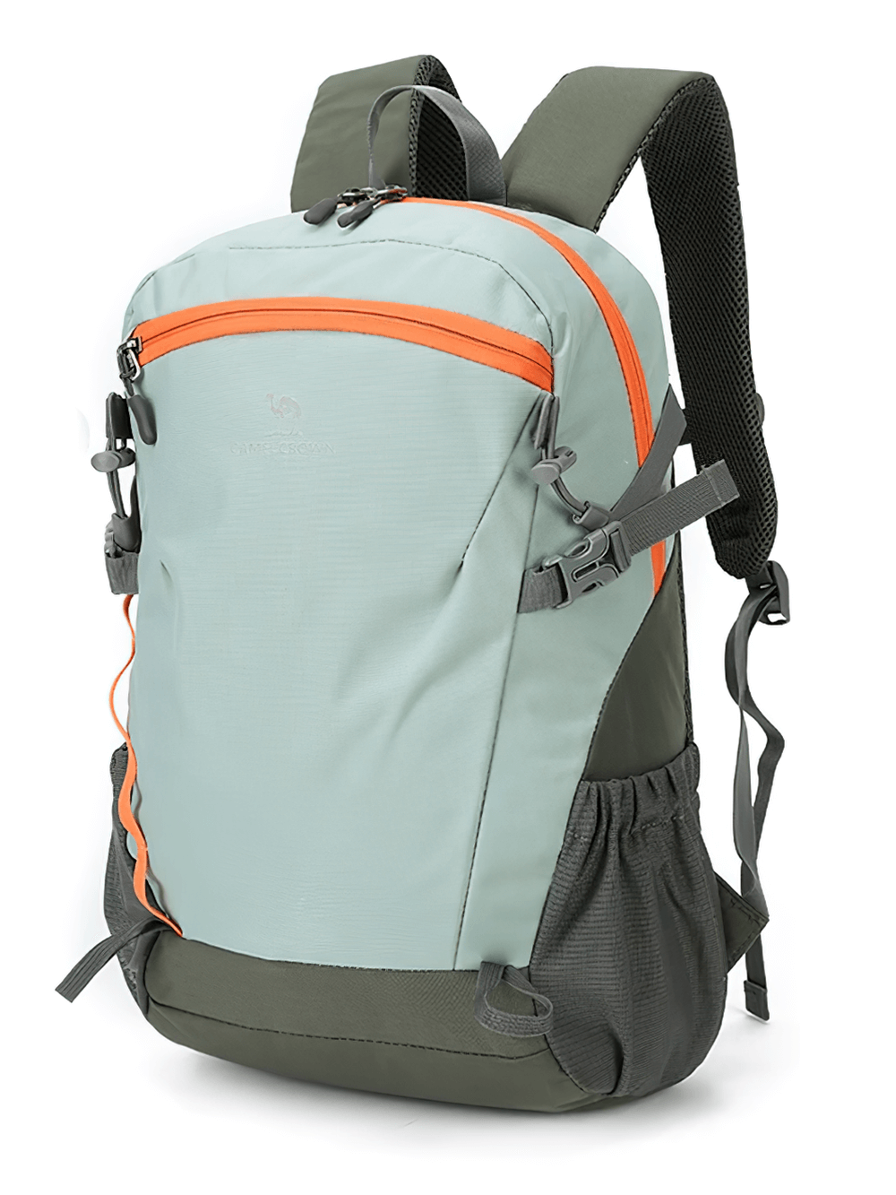 Lightweight waterproof hiking backpack SF2301 in green with orange accents, ideal for camping and outdoor sports, nylon tactical design.