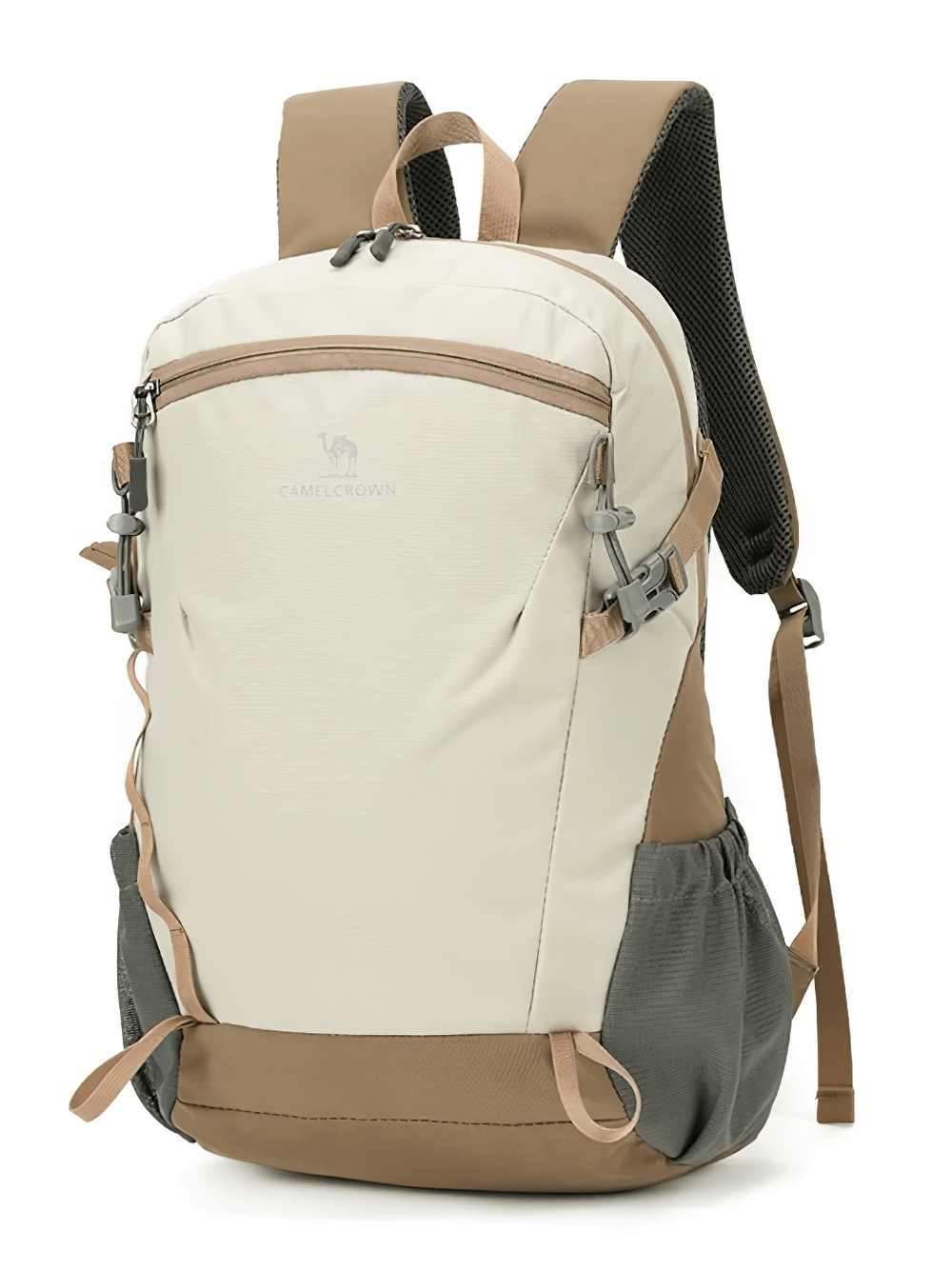 Lightweight Waterproof Hiking Backpack SF2301 in beige, perfect for outdoor adventures. Nylon tactical backpack with adjustable padded straps.