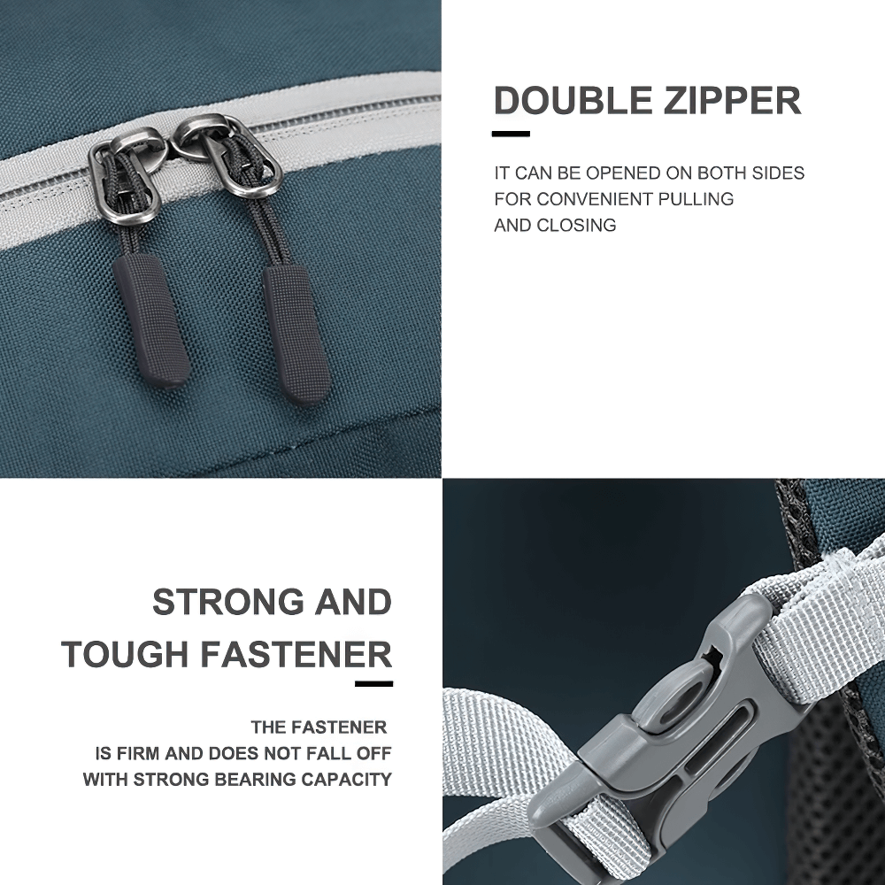 Close-up of double zipper and strong fastener on lightweight waterproof hiking backpack, ideal for outdoor adventures and travel.