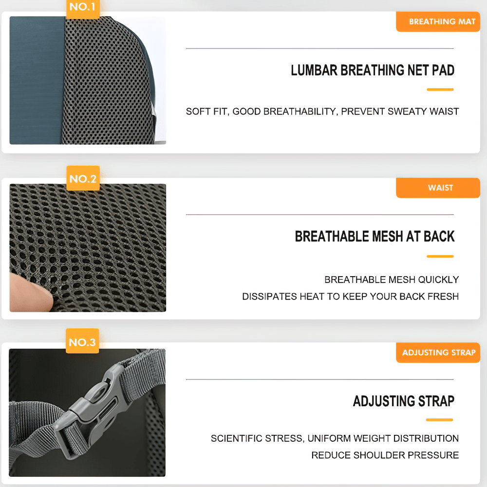 Detailed view of backpack features: lumbar net pad, breathable mesh back, and adjustable strap for comfort and functionality.