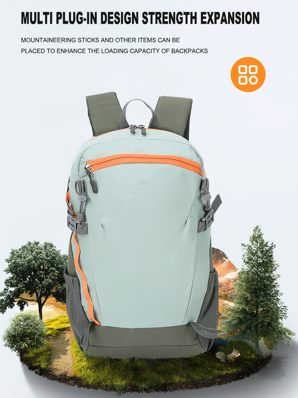 Lightweight waterproof hiking backpack with multi plug-in design for strength expansion, perfect for outdoor adventures.