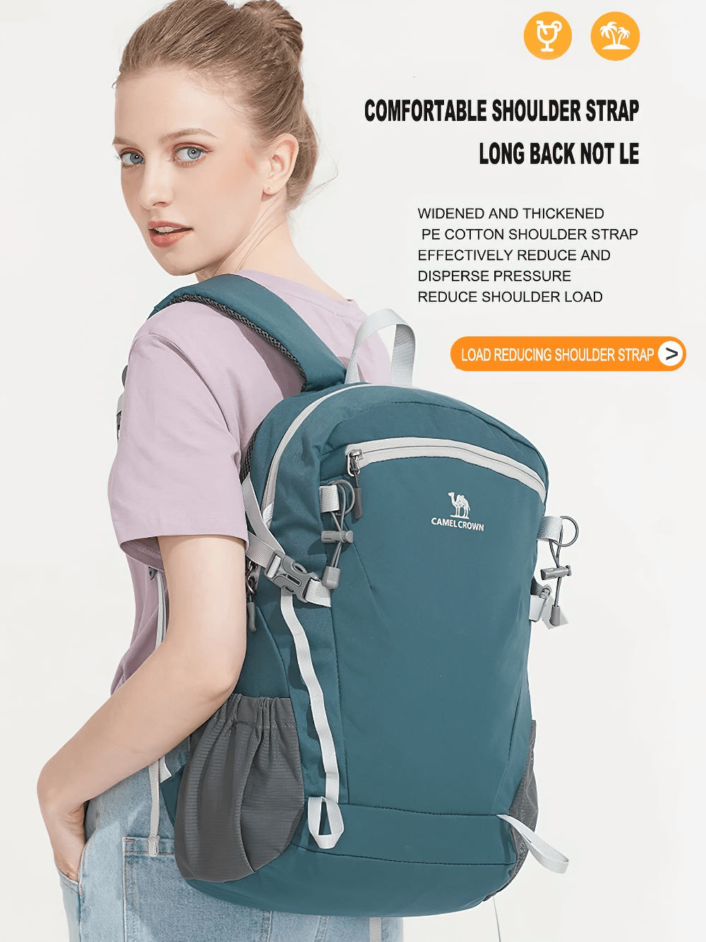 Model wearing a teal lightweight waterproof hiking backpack with padded shoulder straps, ideal for outdoor adventures and travel.