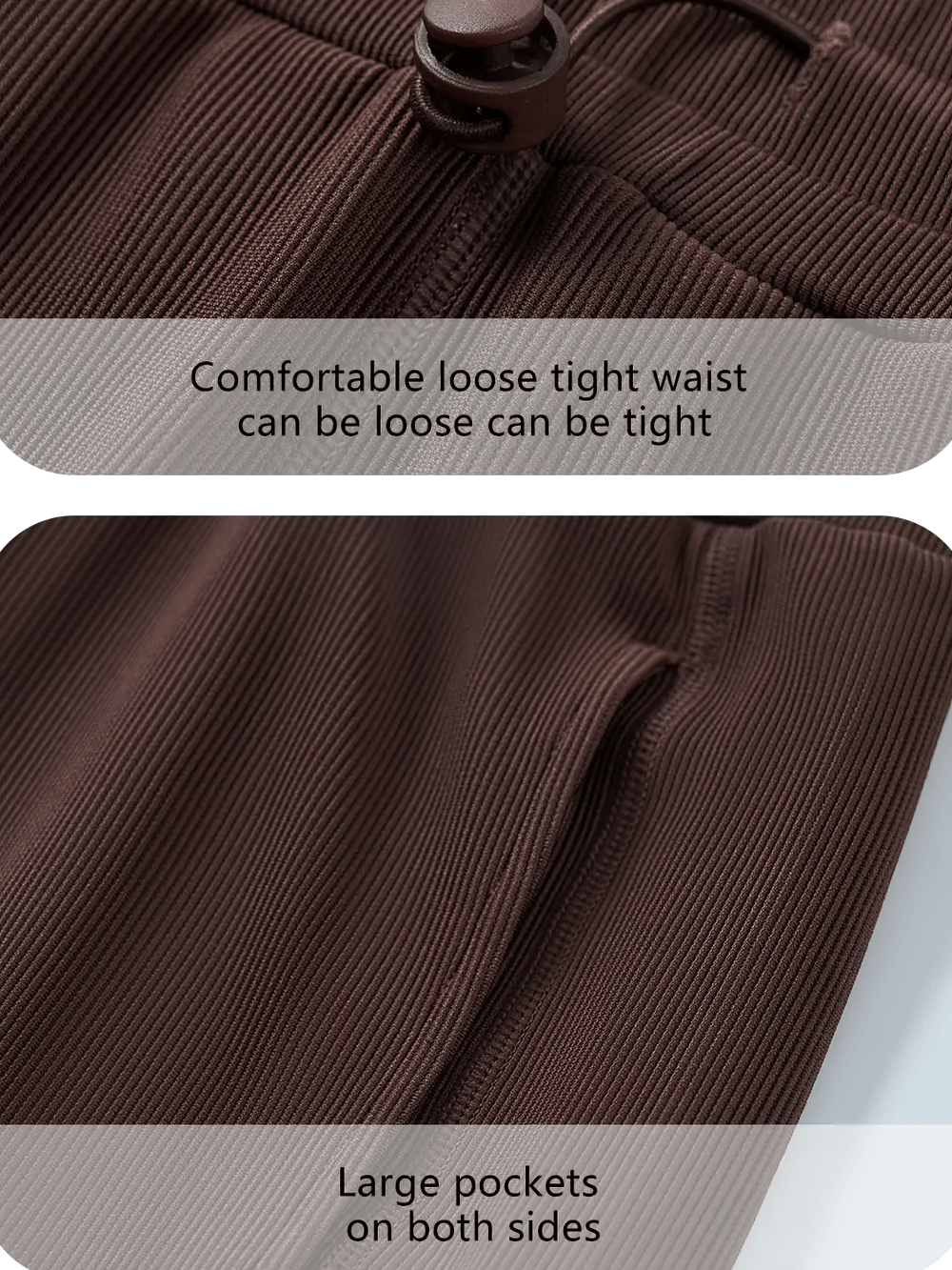 Close-up of brown ribbed lounge pants featuring adjustable waistband and large side pockets for women.