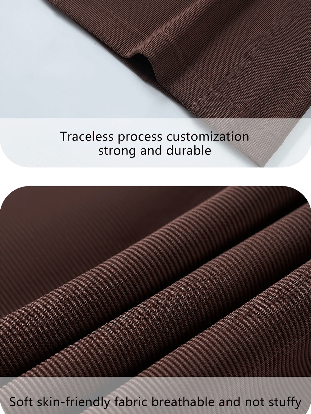 Close-up of ribbed brown fabric for lightweight women's lounge pants, highlighting durability and breathability.