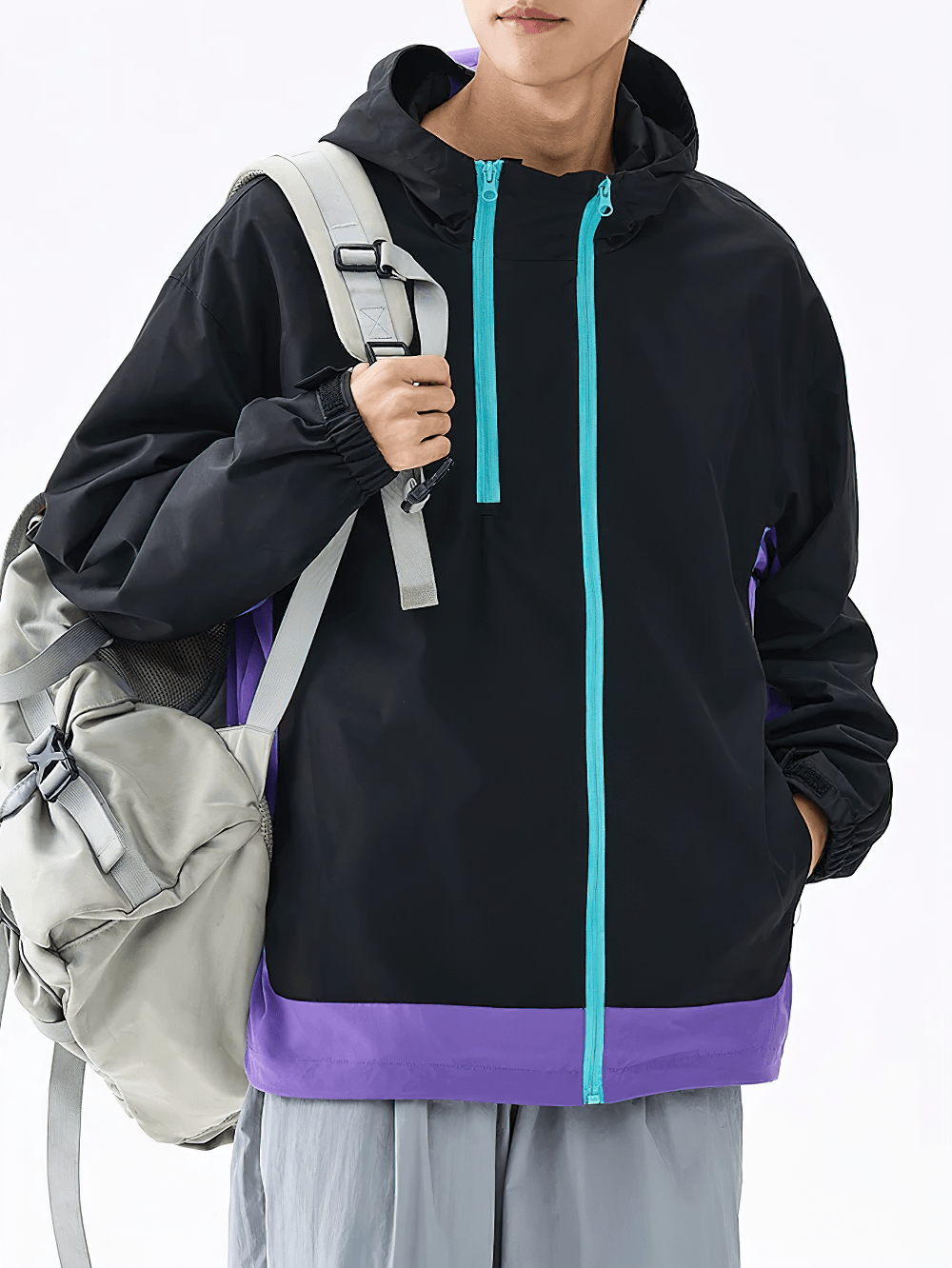 Lightweight Zip Hiking Jacket with Contrast Panels - SF4728 in black and purple, perfect for casual urban adventures.
