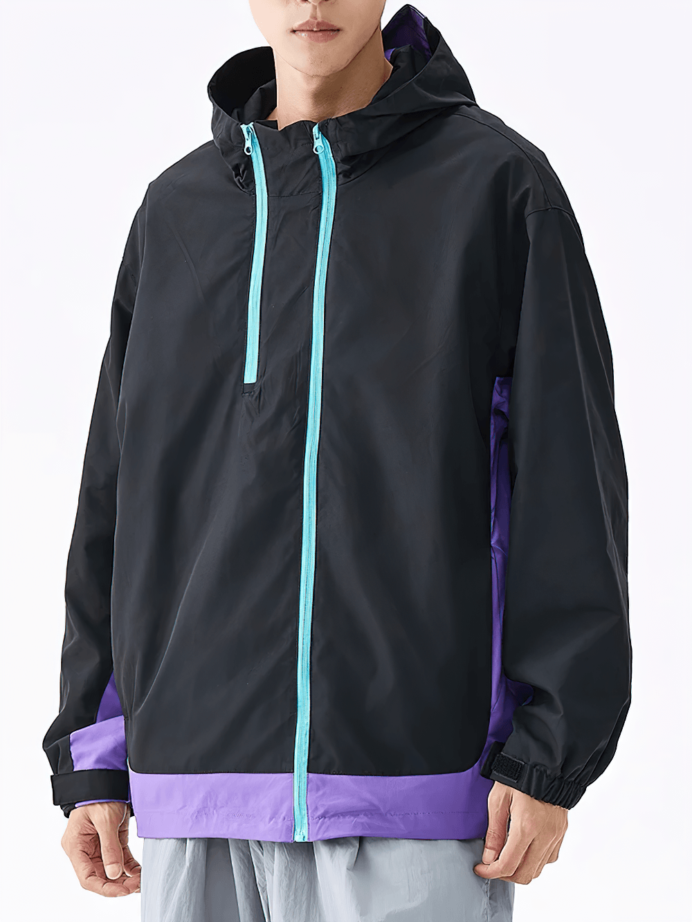Lightweight Zip Hiking Jacket with Contrast Panels - SF4728 in black and purple with hood and zip accents.