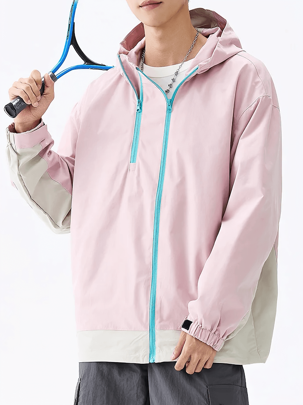 Lightweight Zip Hiking Jacket with Contrast Panels - SF4728 in pink and gray, perfect for urban adventures and stylish layering.