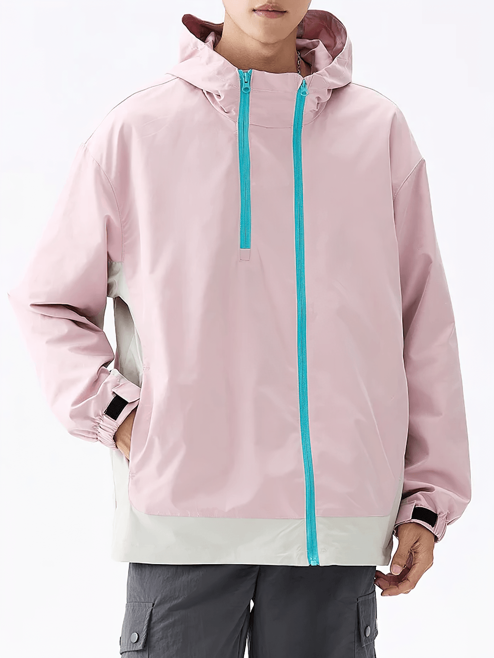 Lightweight Zip Hiking Jacket with Contrast Panels - SF4728 in pink and gray with bright blue zipper accents.