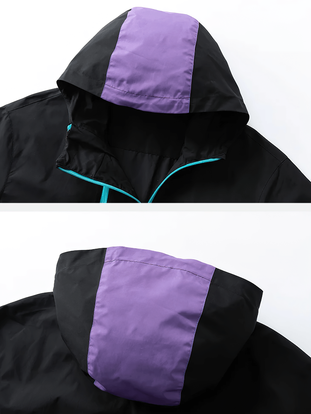 Lightweight Zip Hiking Jacket with Contrast Panels - SF4728 hood detail showcasing black and purple color block design.