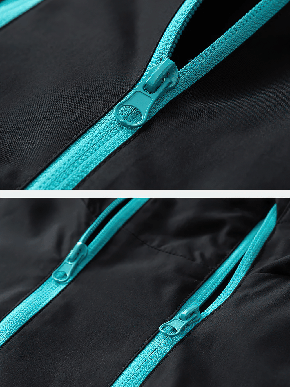 Lightweight Zip Hiking Jacket with Contrast Panels - SF4728 close-up of zippers showcasing bright turquoise accents.
