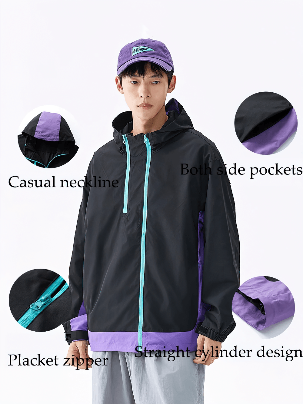 Lightweight Zip Hiking Jacket with Contrast Panels - SF4728 on model showcasing casual neckline and side pockets.