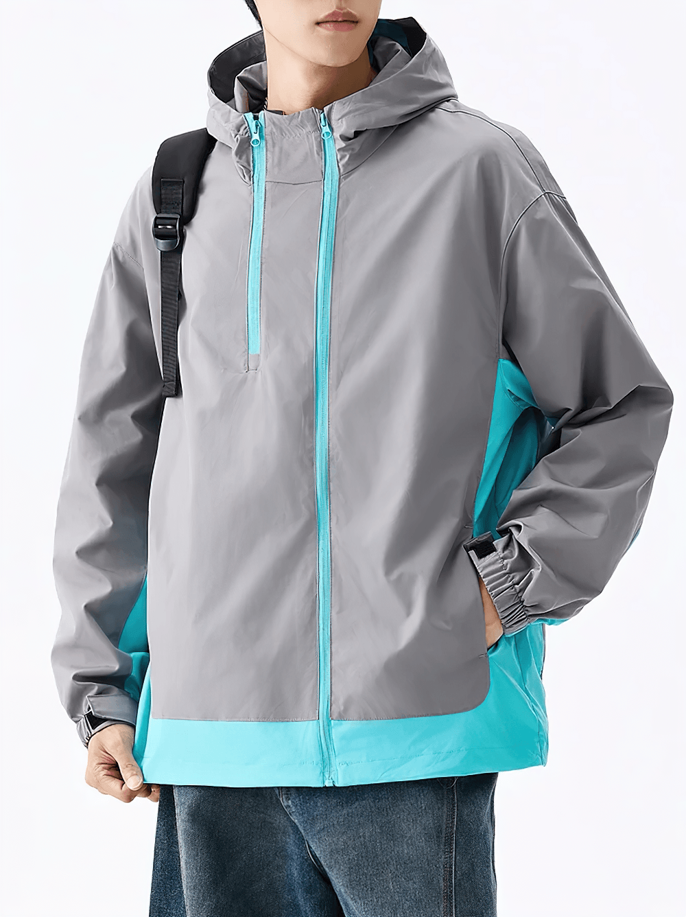 Lightweight Zip Hiking Jacket with Contrast Panels - SF4728 in gray and turquoise, perfect for outdoor adventures.