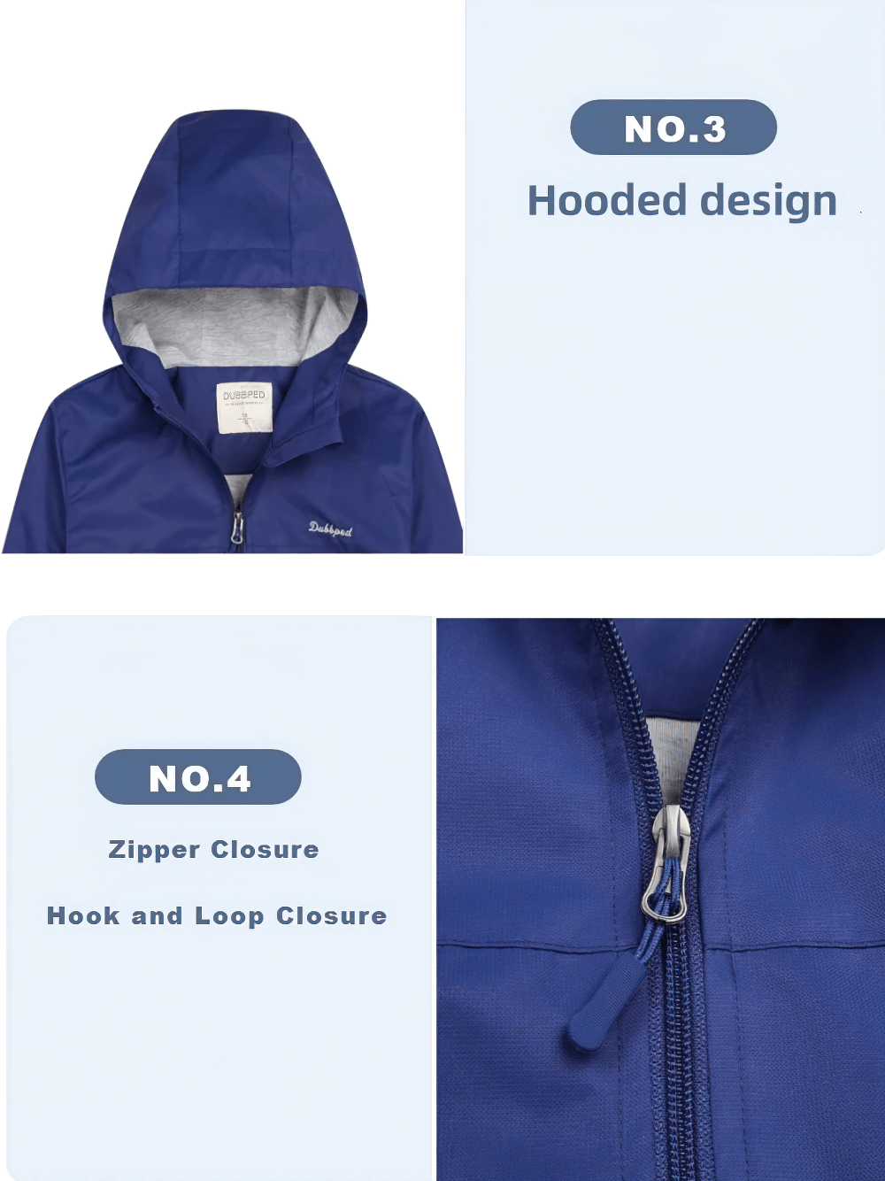 Lightweight Zip-Up Jacket with Hood and Pockets - SF3687 in blue showing hood and zipper details.