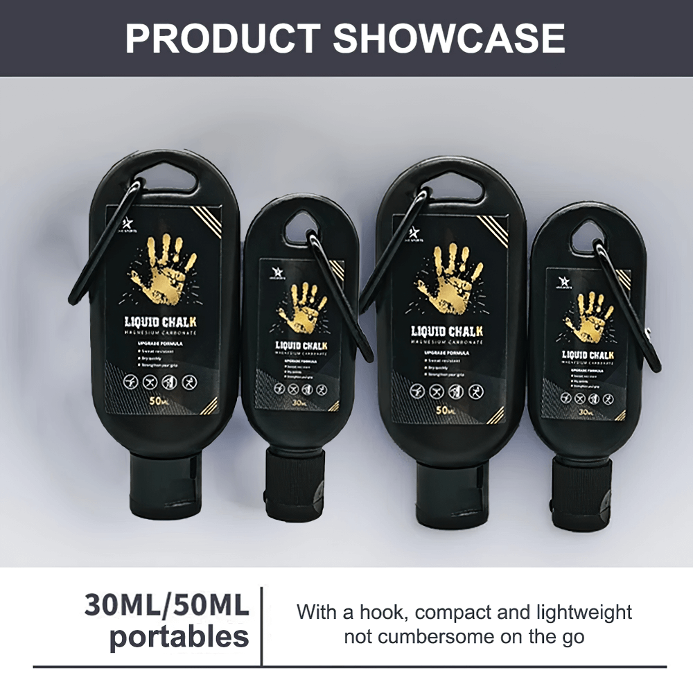 Liquid Chalk for Grip Strength and Sweat Absorption - SF3554 in portable bottles with carabiner hooks, ideal for gym and climbing use.
