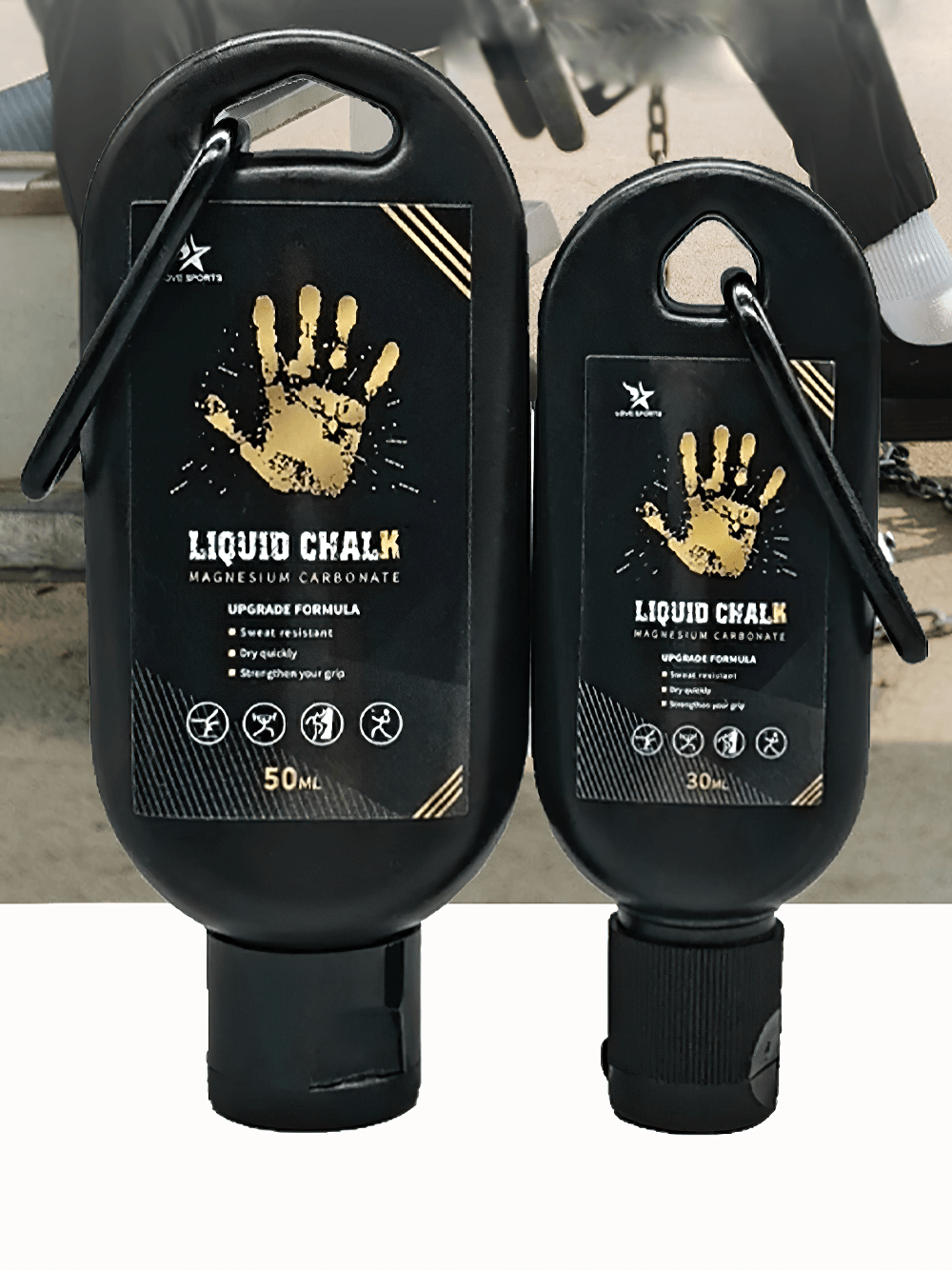 Two bottles of Liquid Chalk for Grip Strength and Sweat Absorption - SF3554 with carabiner hooks for easy portability, perfect for athletes.
