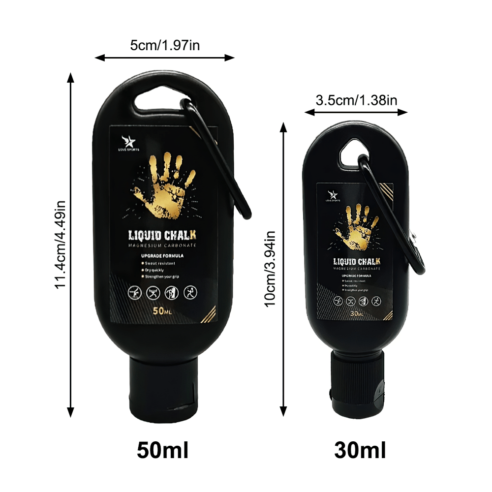 Liquid Chalk for Grip Strength and Sweat Absorption - SF3554 in portable bottles with carabiner hooks, available in 30ml and 50ml sizes.