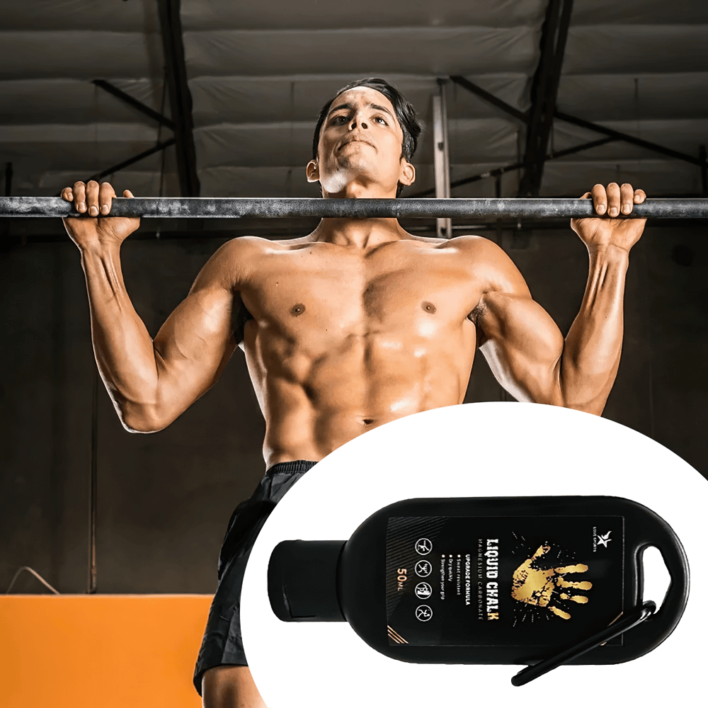 Liquid Chalk for Grip Strength and Sweat Absorption - SF3554 for weightlifting, showing a person doing pull-ups with chalk bottle inset.