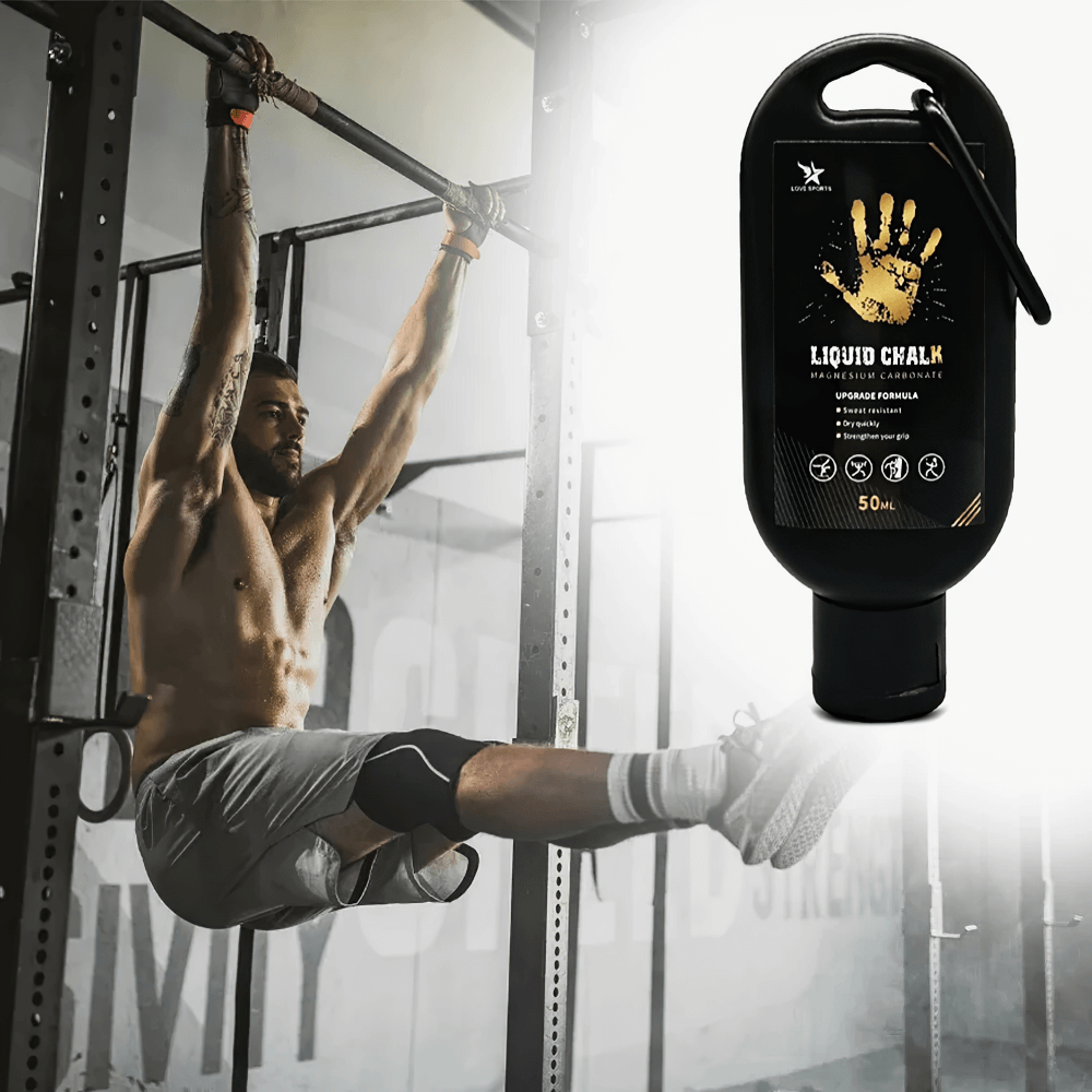 Athlete using Liquid Chalk for Grip Strength and Sweat Absorption - SF3554 in gym for enhanced performance and grip with carabiner bottle