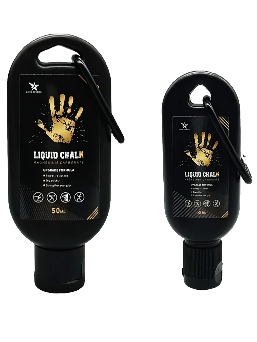 Liquid Chalk for Grip Strength and Sweat Absorption - SF3554 in sleek portable bottles with carabiner hook for easy use.