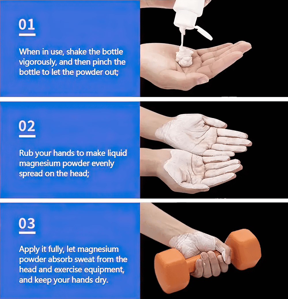 Steps to apply Liquid Chalk for Gym and Weightlifting - SF3552 on hands for better grip in fitness activities.