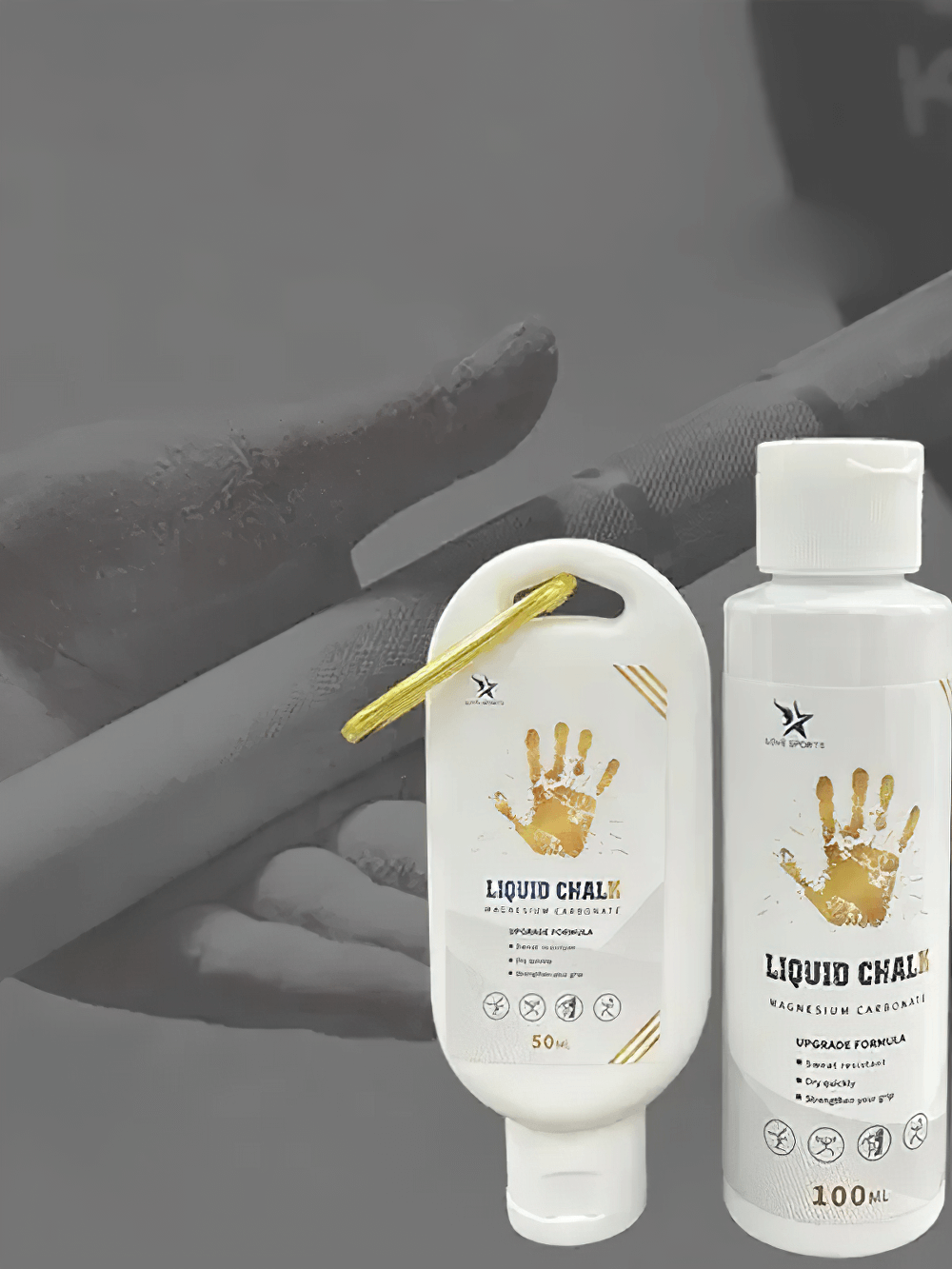 Liquid Sports Chalk for Fitness and Weightlifting - SF3457, enhancing grip and performance, in 50ml and 100ml bottles against workout backdrop.