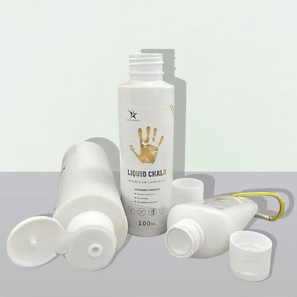 Liquid Sports Chalk for Fitness and Weightlifting - SF3457, showing 100ml bottle of magnesium liquid chalk, open caps, enhancing grip for athletes.
