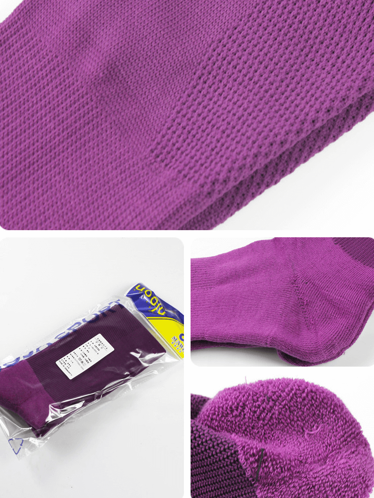 Purple anti-skid football socks for men, quick-dry and breathable, with packaging and detailed texture view.