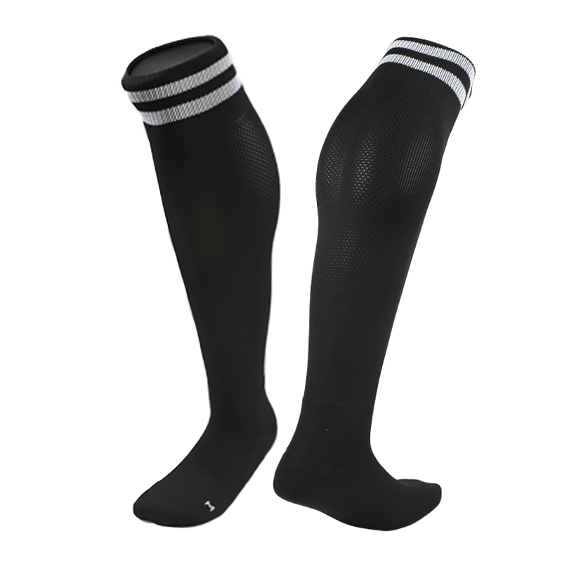 Long anti-skid football socks SF1424, black with white stripes, quick-dry sports design for men, perfect for training performance.