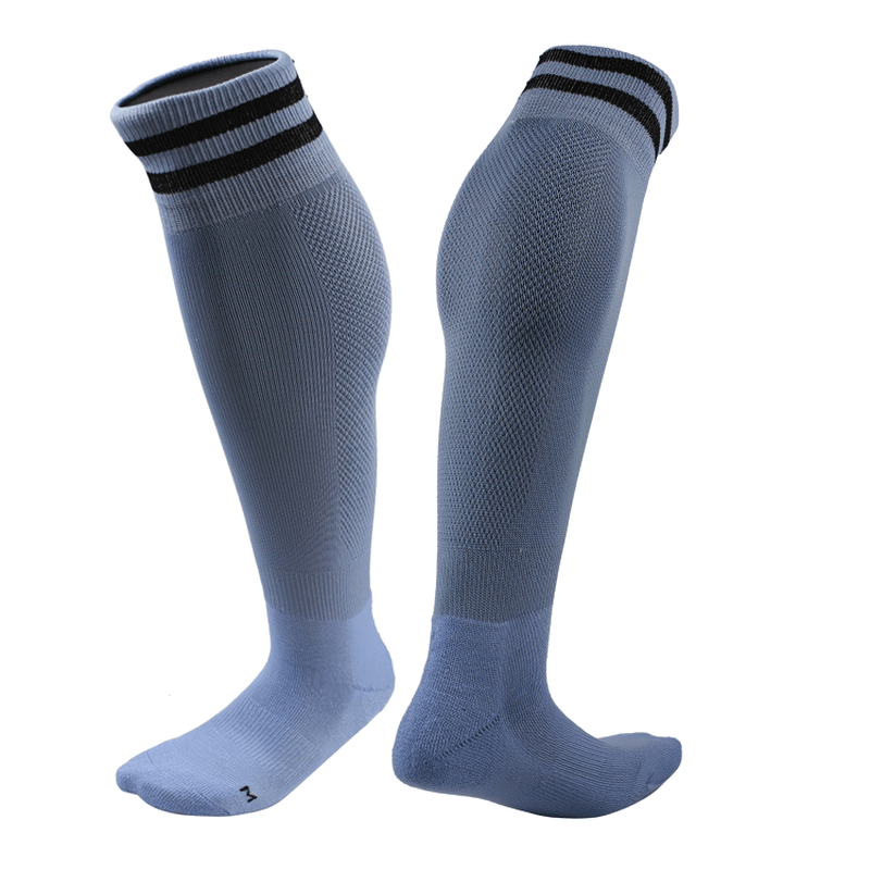 Long anti-skid football socks for men in blue with black stripes, perfect for training, quick-dry and breathable for optimal performance.