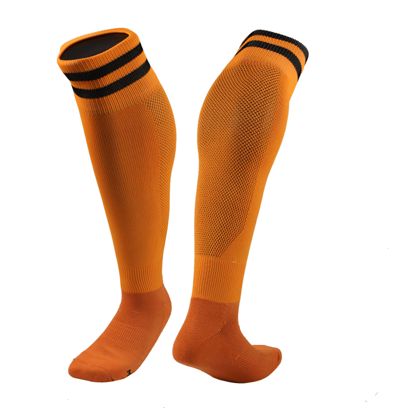 Orange anti-skid football socks for men, featuring quick-dry, breathable material with black stripes for optimal sports performance.
