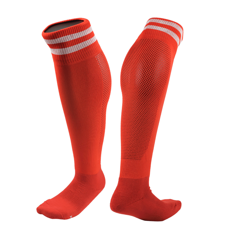 Red long anti-skid football socks for men; quick-dry, breathable sports socks; ideal for training; SF1424 model.