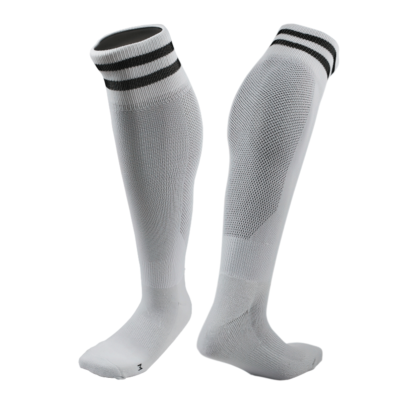 Long anti-skid football socks for men in white with black stripes, quick-dry and sweat-absorbent for superior training performance.