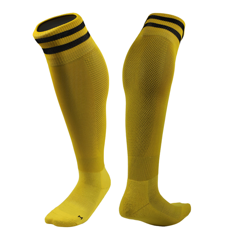 Long anti-skid yellow football socks for men with black stripes, quick-dry sports training socks