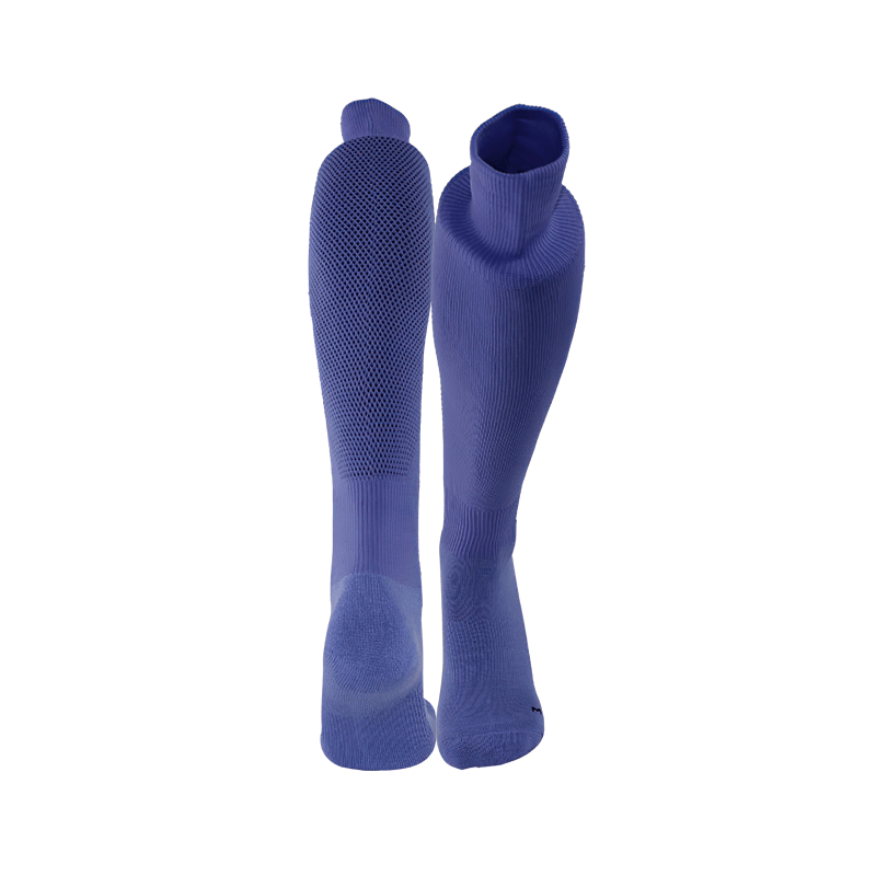 Long blue anti-skid football socks for men, designed for quick-dry performance and comfort during sports training.